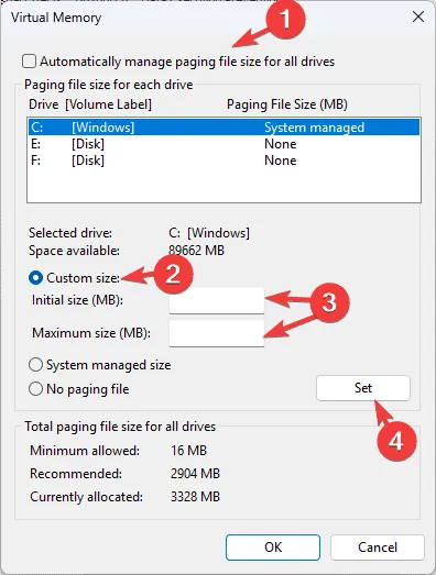 Regolazione delle dimensioni del file di pagina personalizzato