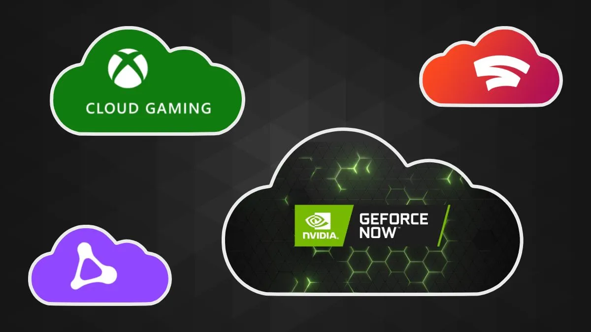 Cloud-spilplatforme er afbildet i skyer, såsom NVIDIA GeForce Now og Xbox Cloud Gaming.