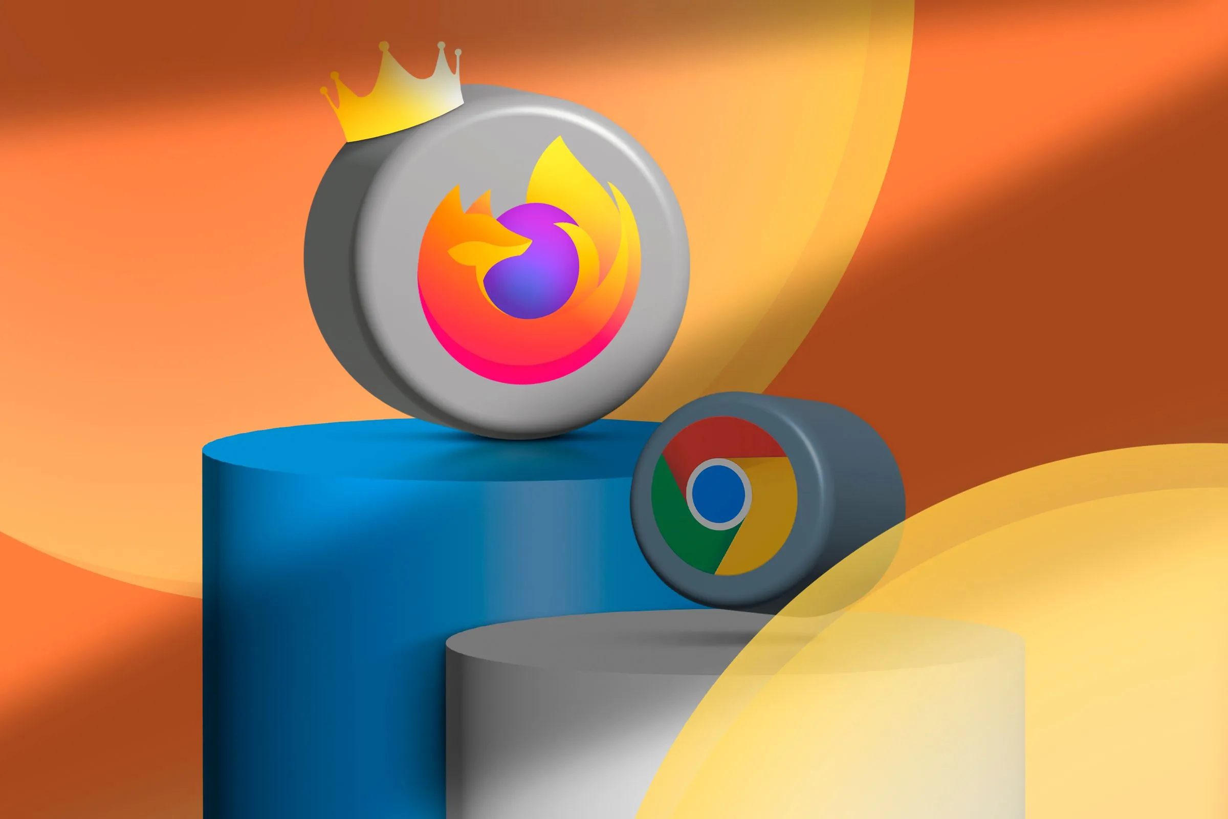 Подиум с иконите на Firefox и Chrome и Firefox с корона.