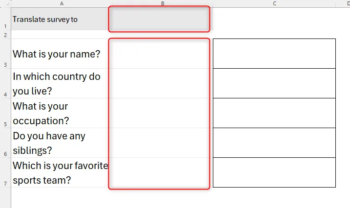 En spørreundersøkelse i Microsoft Excel, med utpekte mellomrom for spørsmålsoversettelser.