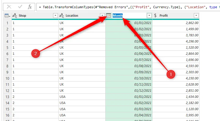 Angi datatype for månedskolonnen i Power Query Editor