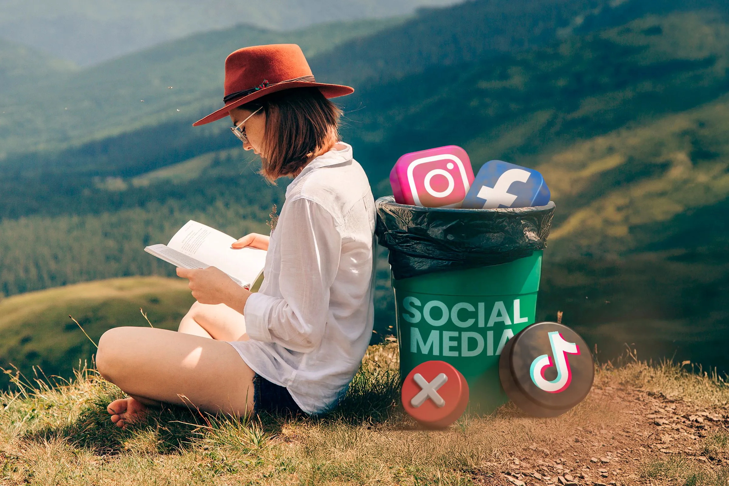 Una mujer leyendo en la naturaleza con íconos de redes sociales descartados a su alrededor.