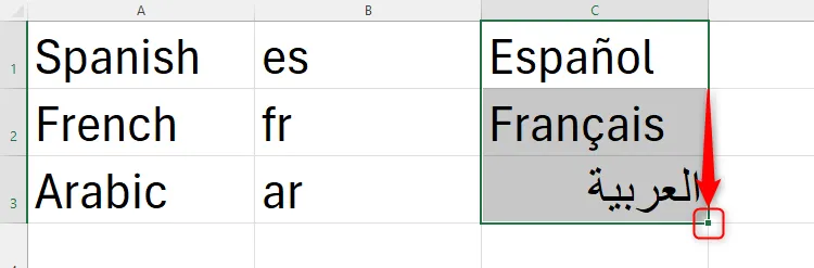 Et Excel-ark inneholder språkoversettelsene generert av TRANSLATE-funksjonen.