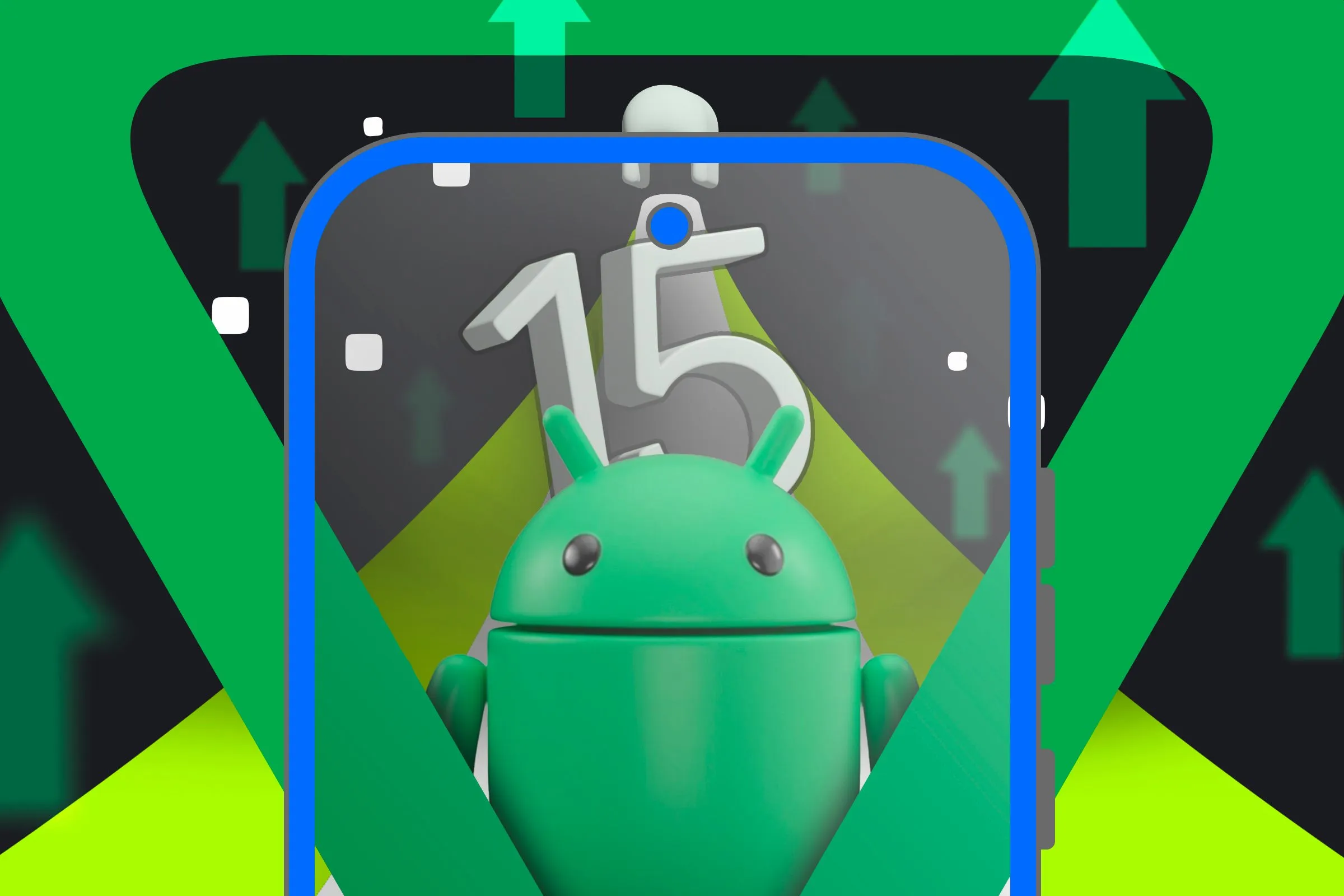 Android 15-logo med en illustration af en smartphone med Bugdroid.