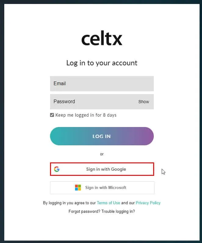 Celtx log-in skærm