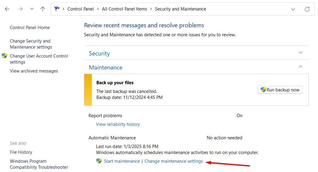 Cambiar la configuración de mantenimiento en el Panel de control.