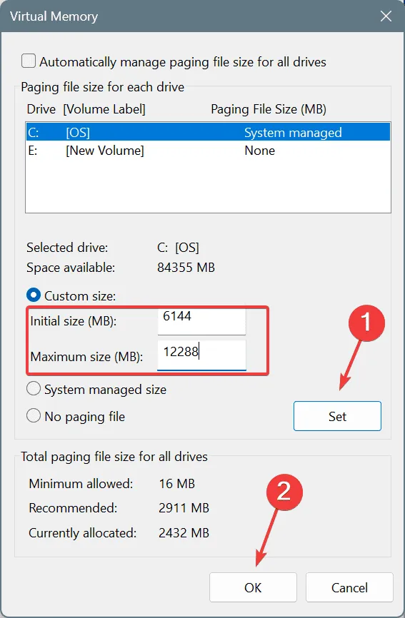 Erhöhen Sie den virtuellen Speicher, um ERROR_COMMITMENT_MINIMUM zu beheben