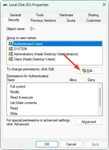 按一下編輯以變更權限安全性選項卡磁碟屬性