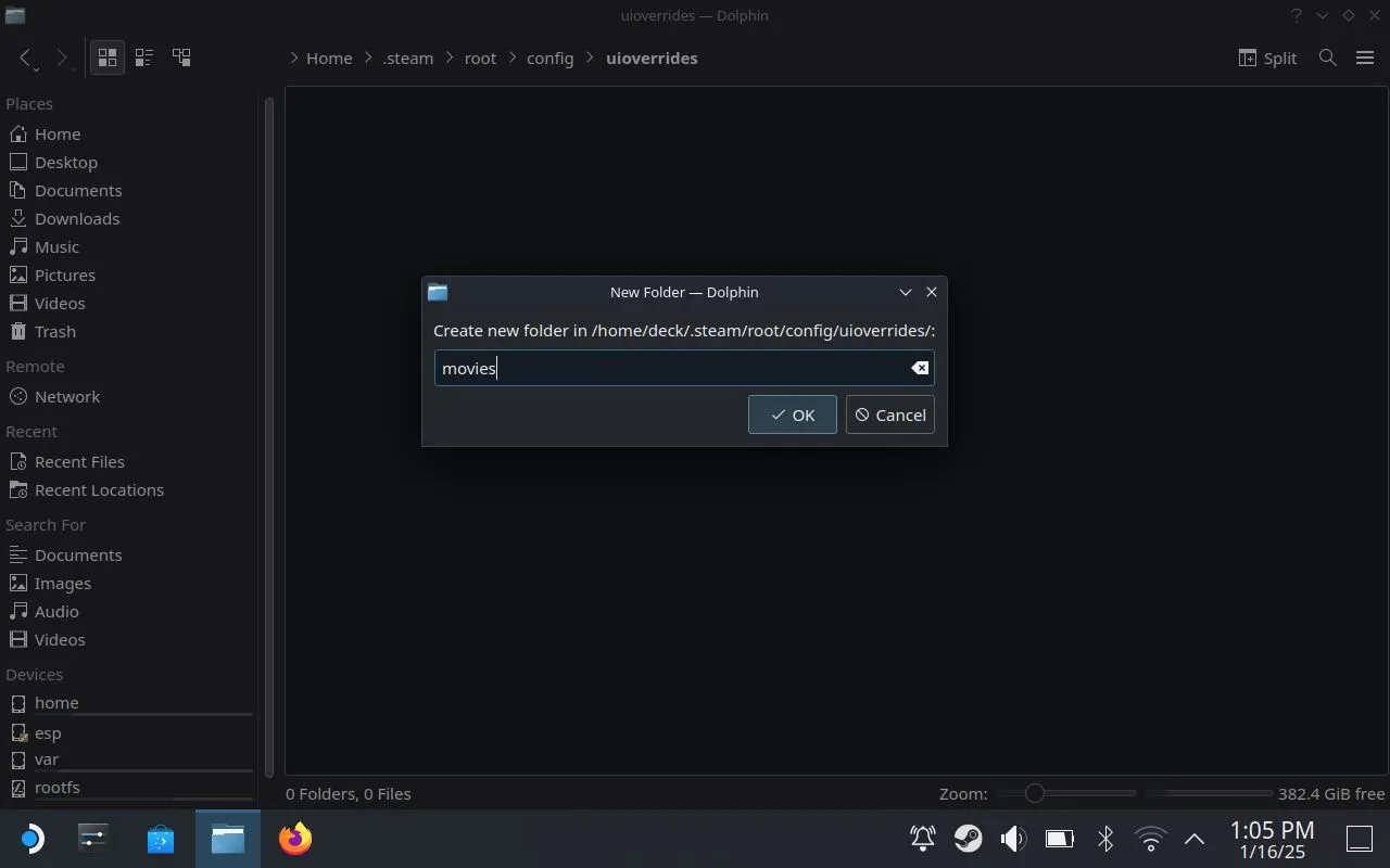 Opprette en ny mappe på Steam Deck skrivebordsmodus Filbehandling