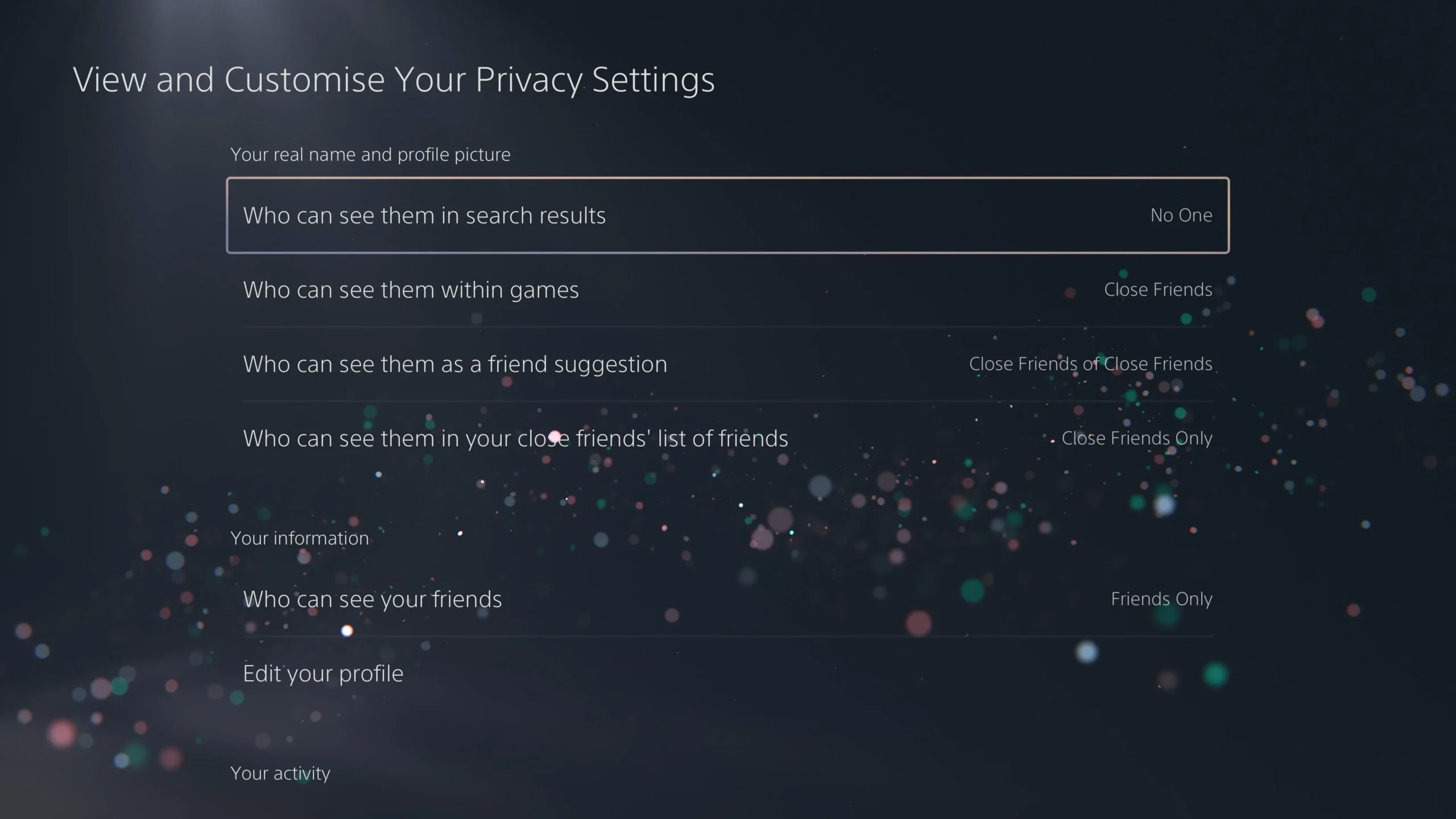 Personalize as configurações de privacidade no PS5.