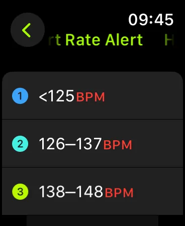 Výchozí nastavení rozsahu srdeční frekvence pro upozornění na Apple Watch