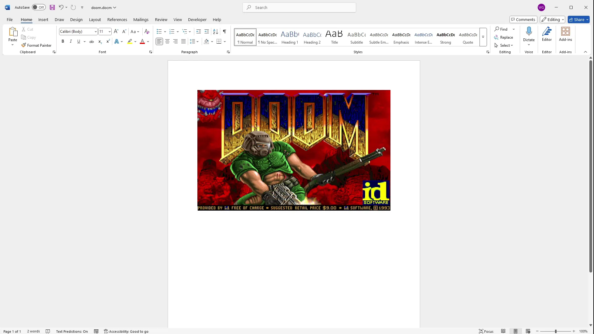 Screenshot di DOOM in esecuzione all'interno di un documento di Microsoft Word