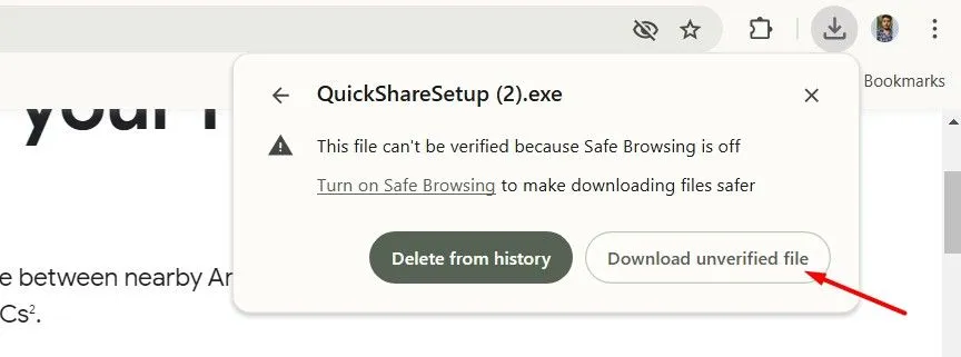 Option zum Herunterladen nicht verifizierter Dateien in Chrome.