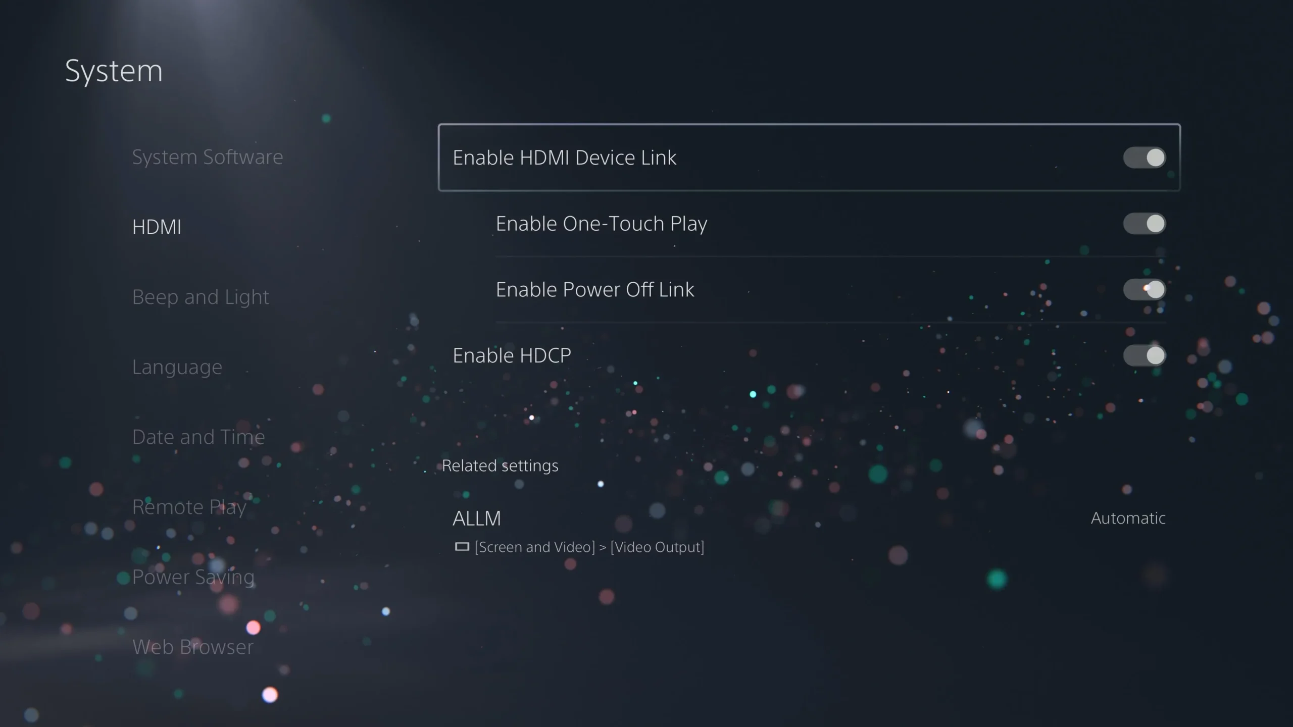 Ative o link HDMI-CEC no PS5.