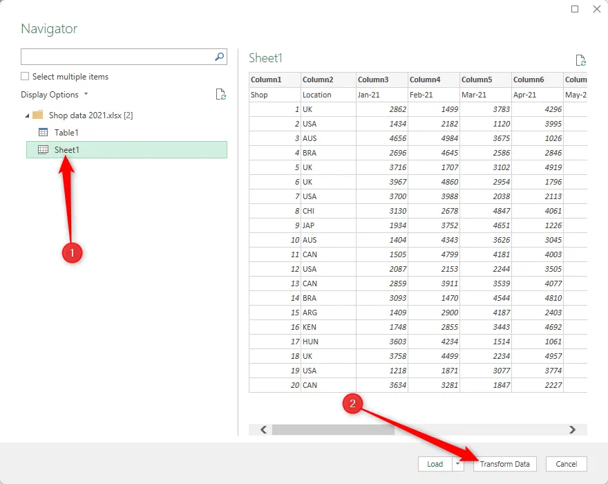 Navigatorvindu som viser data tilgjengelig for import