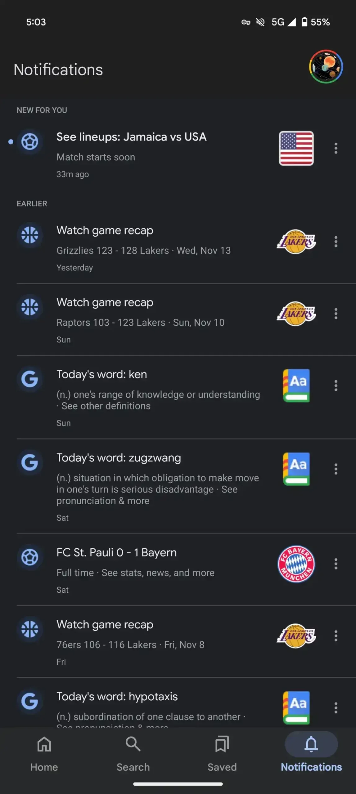 Visão detalhada das notificações do Google