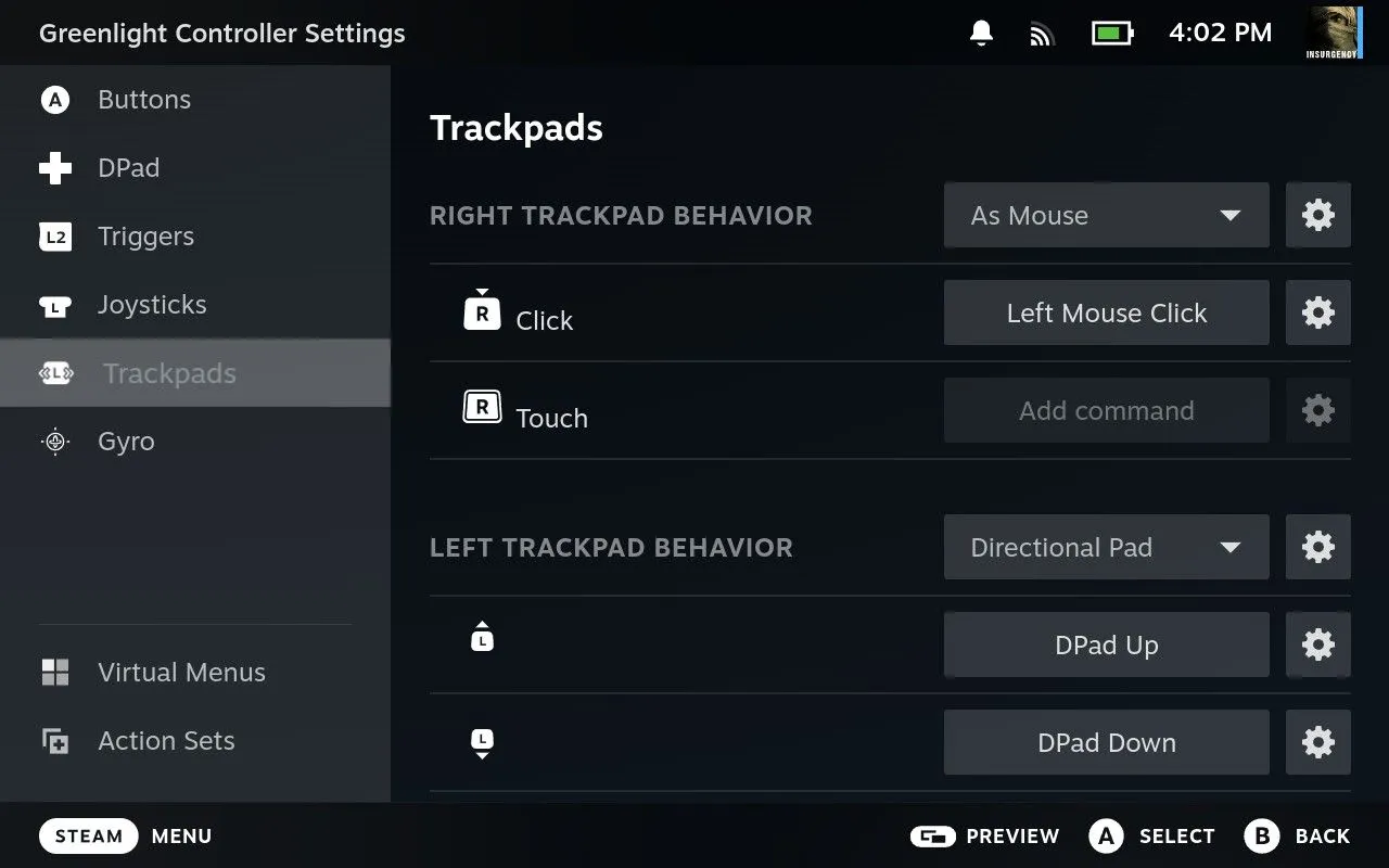 Ajuste das configurações do trackpad Greenlight.