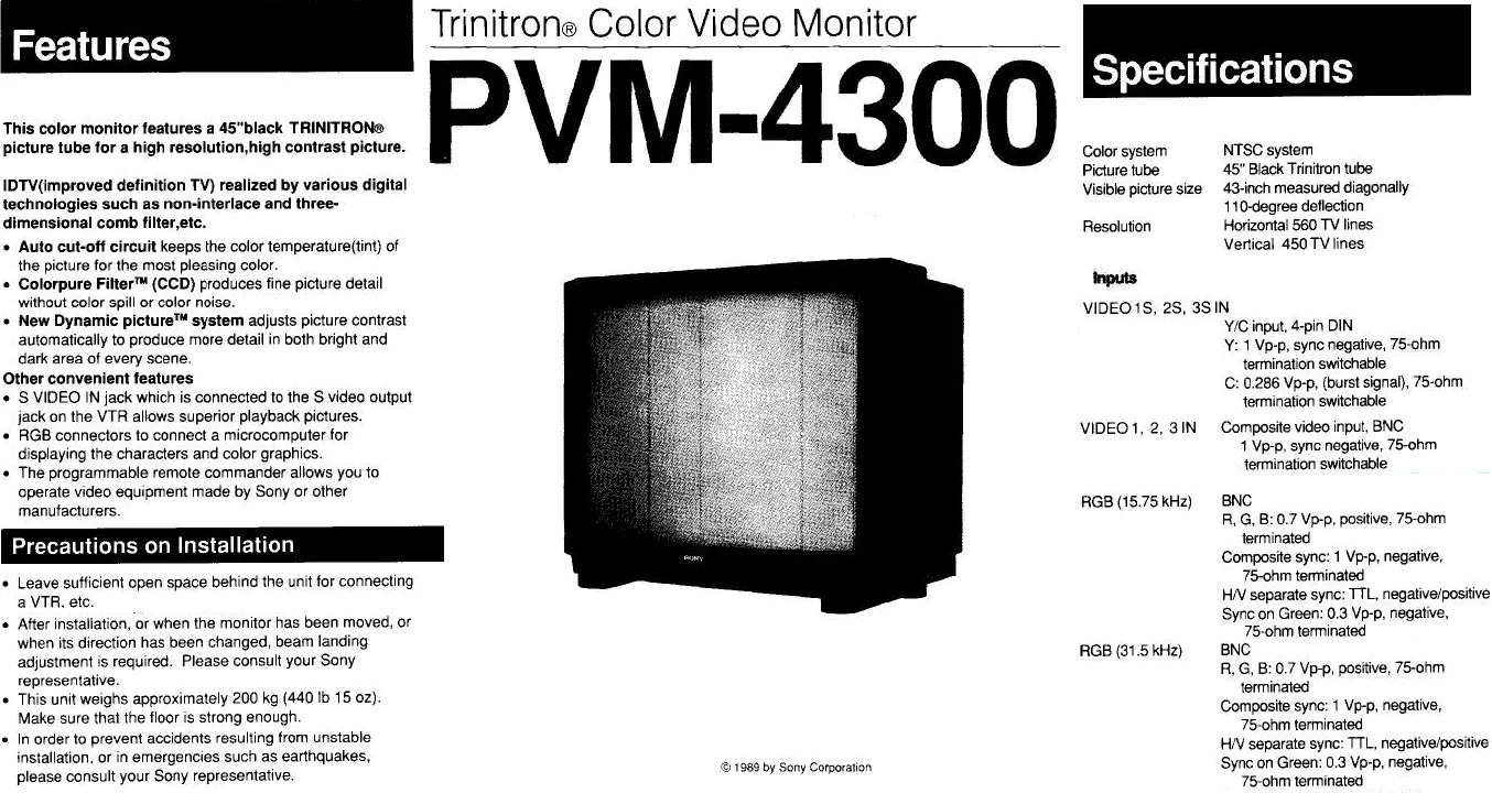 Liels Sony PVM CRT, kas demonstrē specifikācijas.