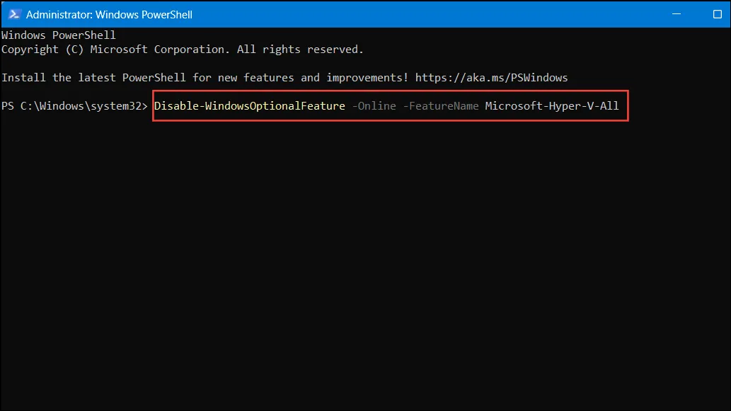 PowerShell-kommando for å deaktivere Hyper-V