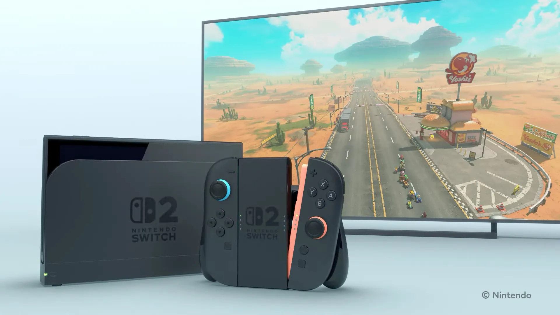 Switch 2 doke, Switch 2 Joy-Cons rankenoje ir Mario Kart 9 televizoriuje.