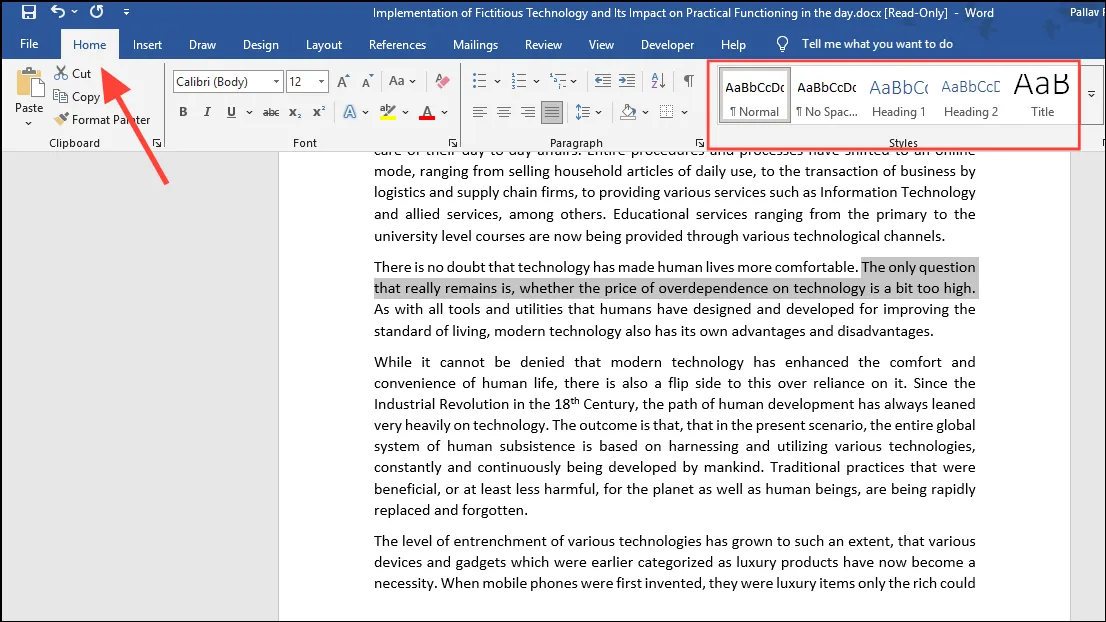 Microsoft Word のスタイルのホーム タブ