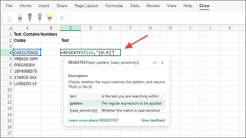 Invoer in cel C4 voor REGEXTEST