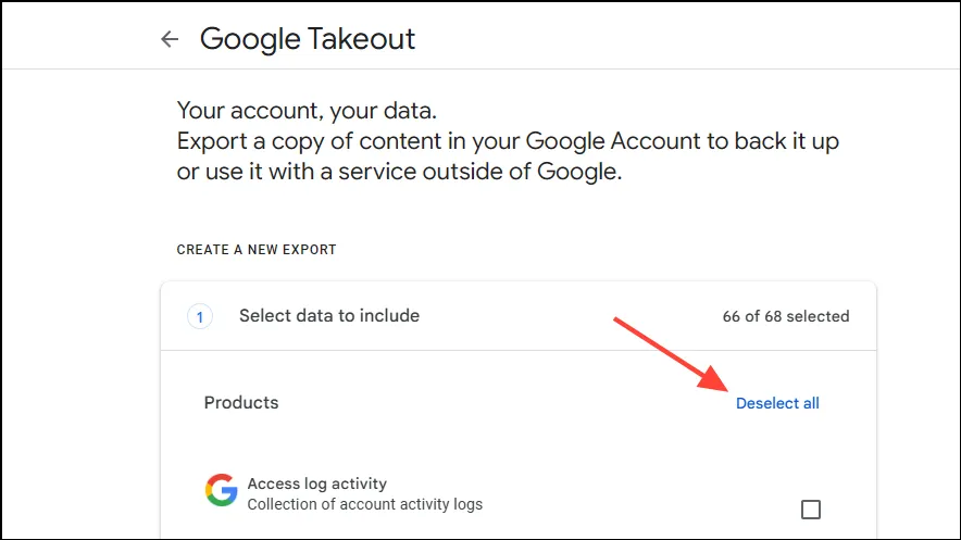 Seleção do Google Takeout