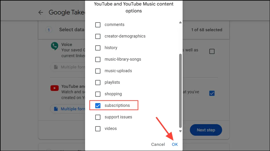 Selecione assinaturas de dados do YouTube