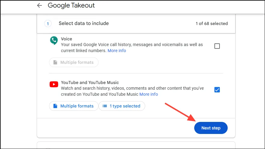 Próximo passo no Google Takeout