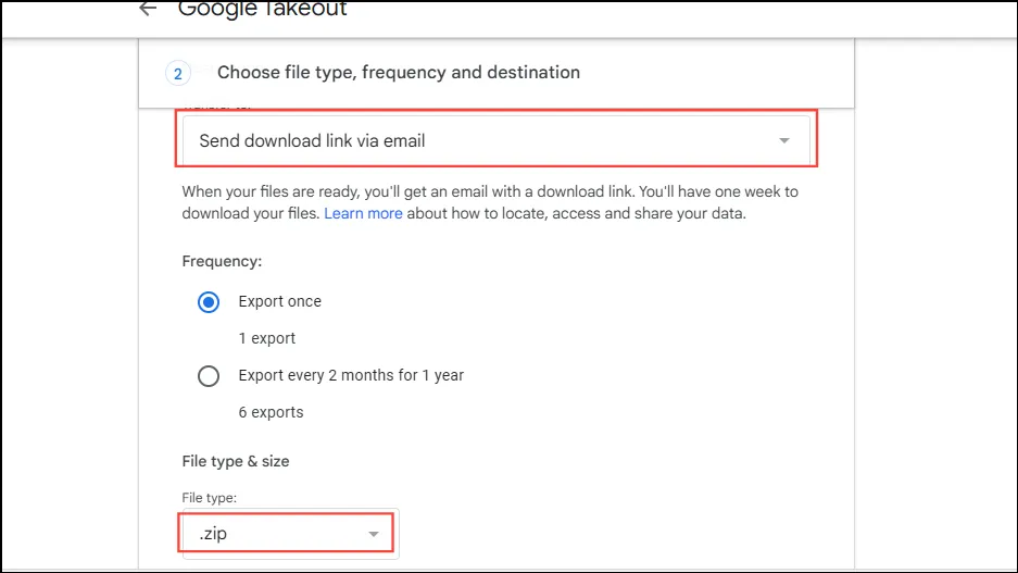 Selecione o link de e-mail no Google Takeout