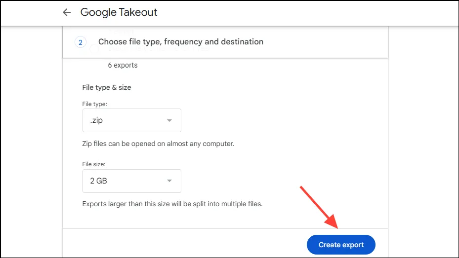 Criar exportação no Google Takeout