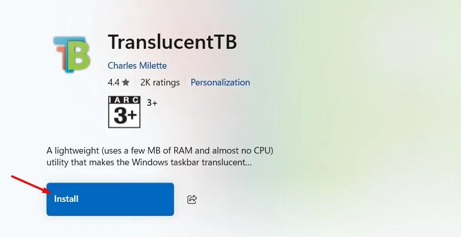 TranslucentTB instalēšanas iespēja Microsoft veikalā.