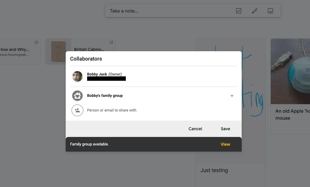 En kollaborativ delingsgrænseflade i Google Keep.