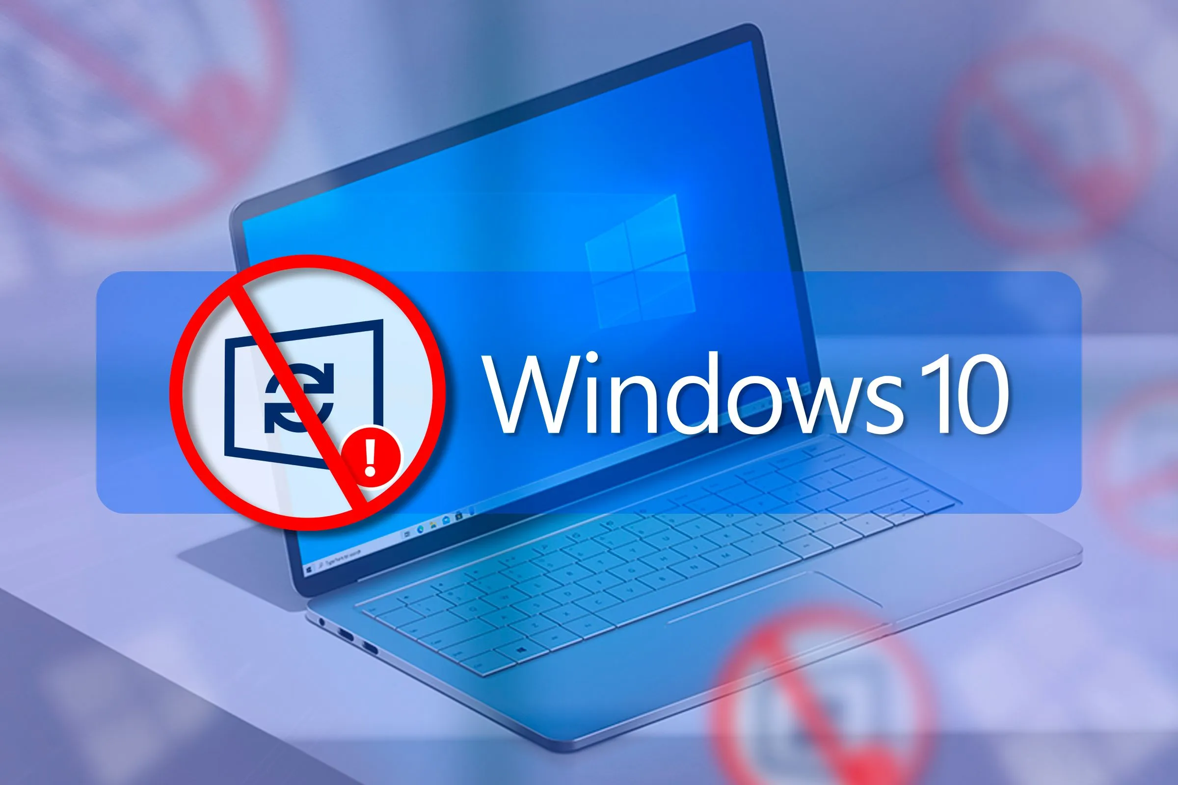 Laptop mit Windows 10 und einem Symbol „Keine Updates“ neben dem Text „Windows 10“.