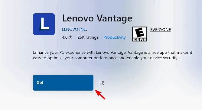 Tlačítko Lenovo Vantage Get