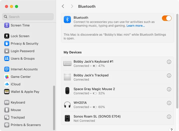 L'app delle impostazioni di macOS che mostra la sezione Bluetooth con un Magic Trackpad e un Magic Mouse collegati.