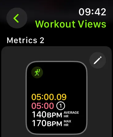 Obrazovka Metriky 2 v zobrazeních cvičení na Apple Watch