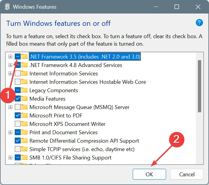 Visualizzazione dell'opzione .NET Framework nelle funzionalità di Windows