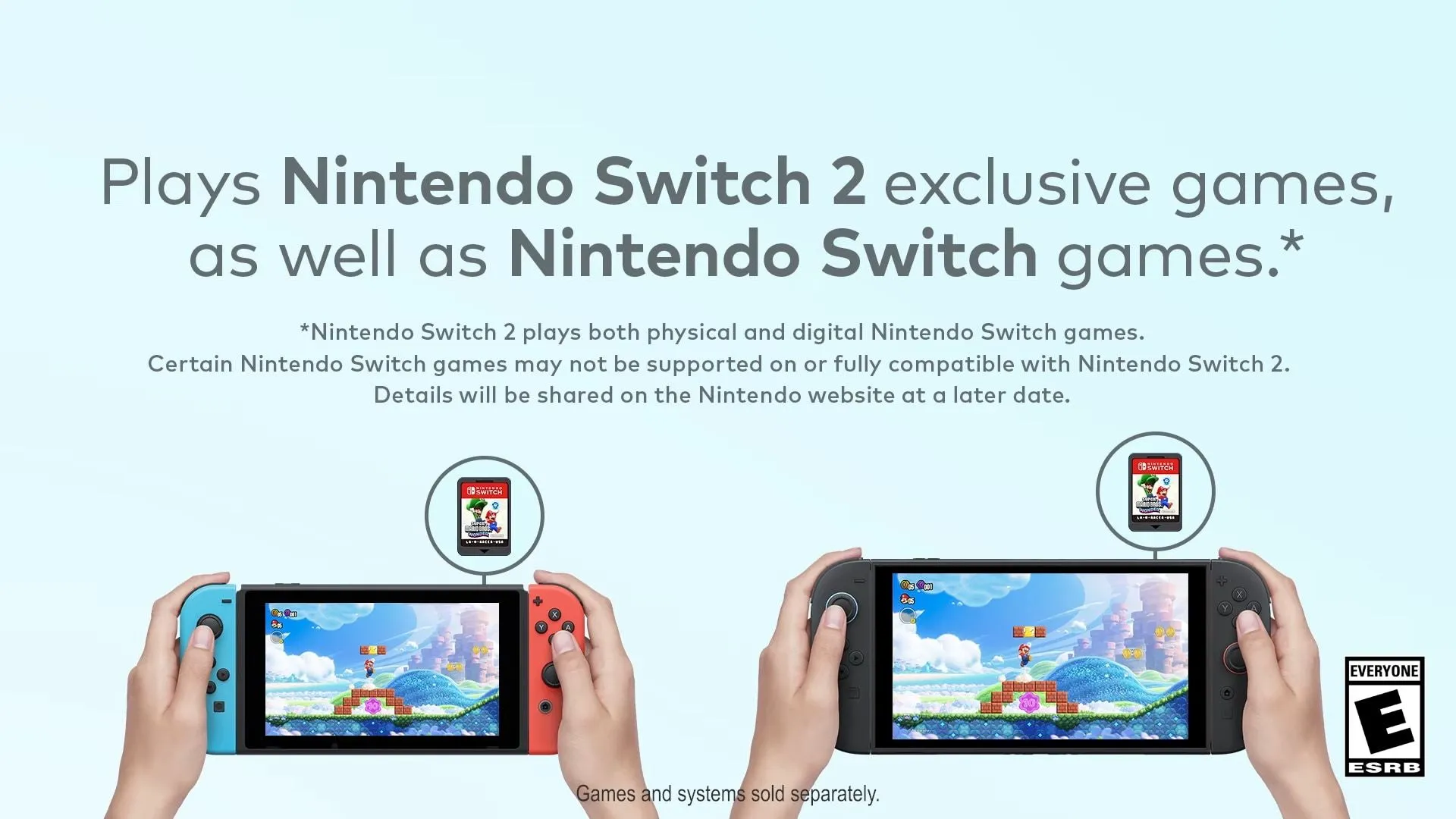 オリジナルの Nintendo Switch と Switch 2 本体を両手で持っています。