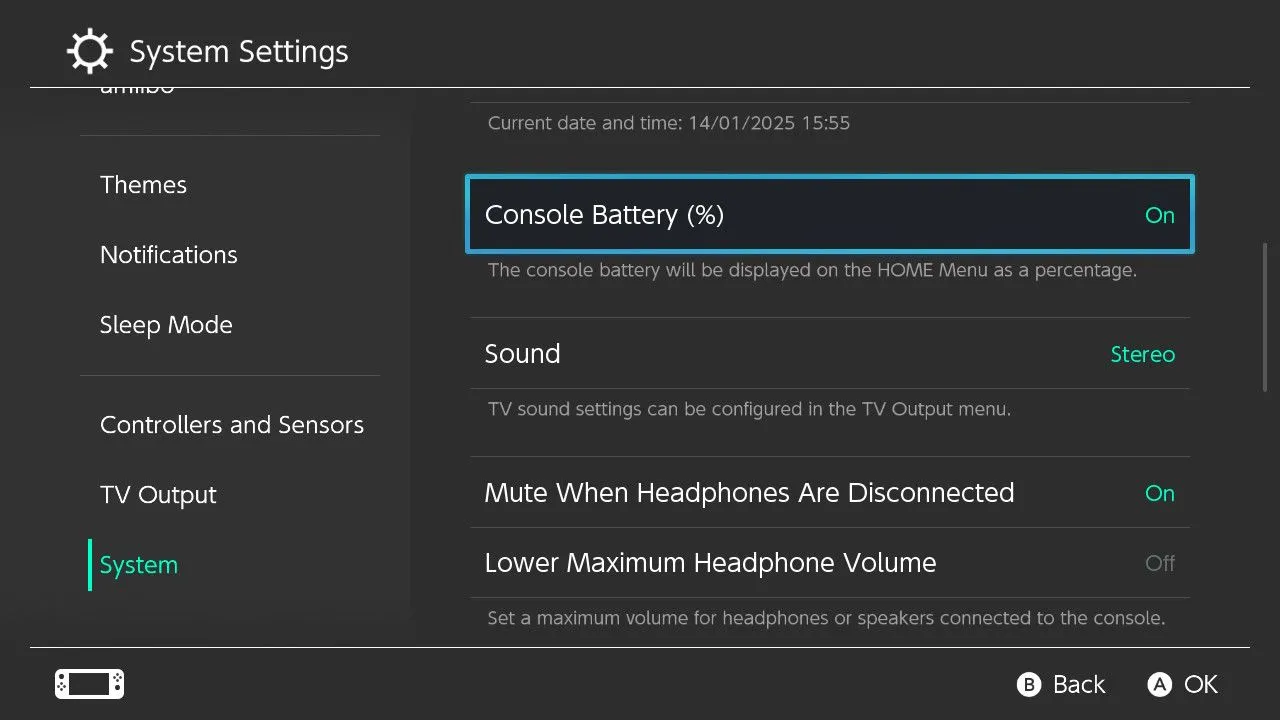 Nintendo Switch batteriprosentinnstillinger.