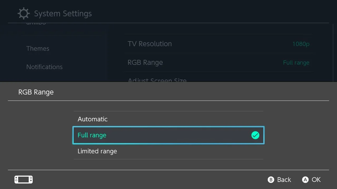 Nintendo Switch RGB Range-innstillinger.