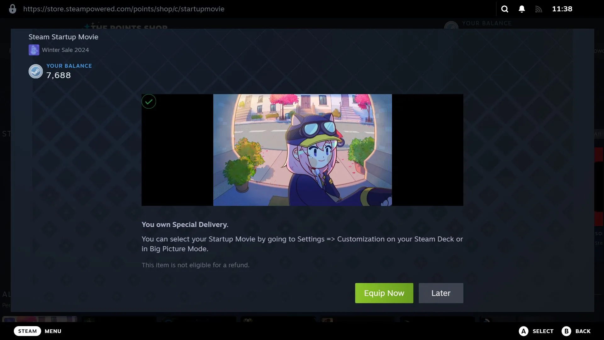 Etter kjøp av en Steam-oppstartsfilm i Points Shop.