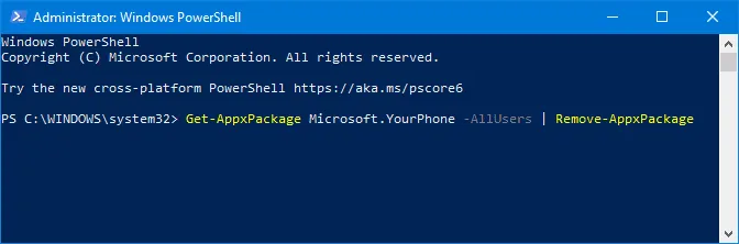 Comando do PowerShell para desinstalar o aplicativo Your Phone