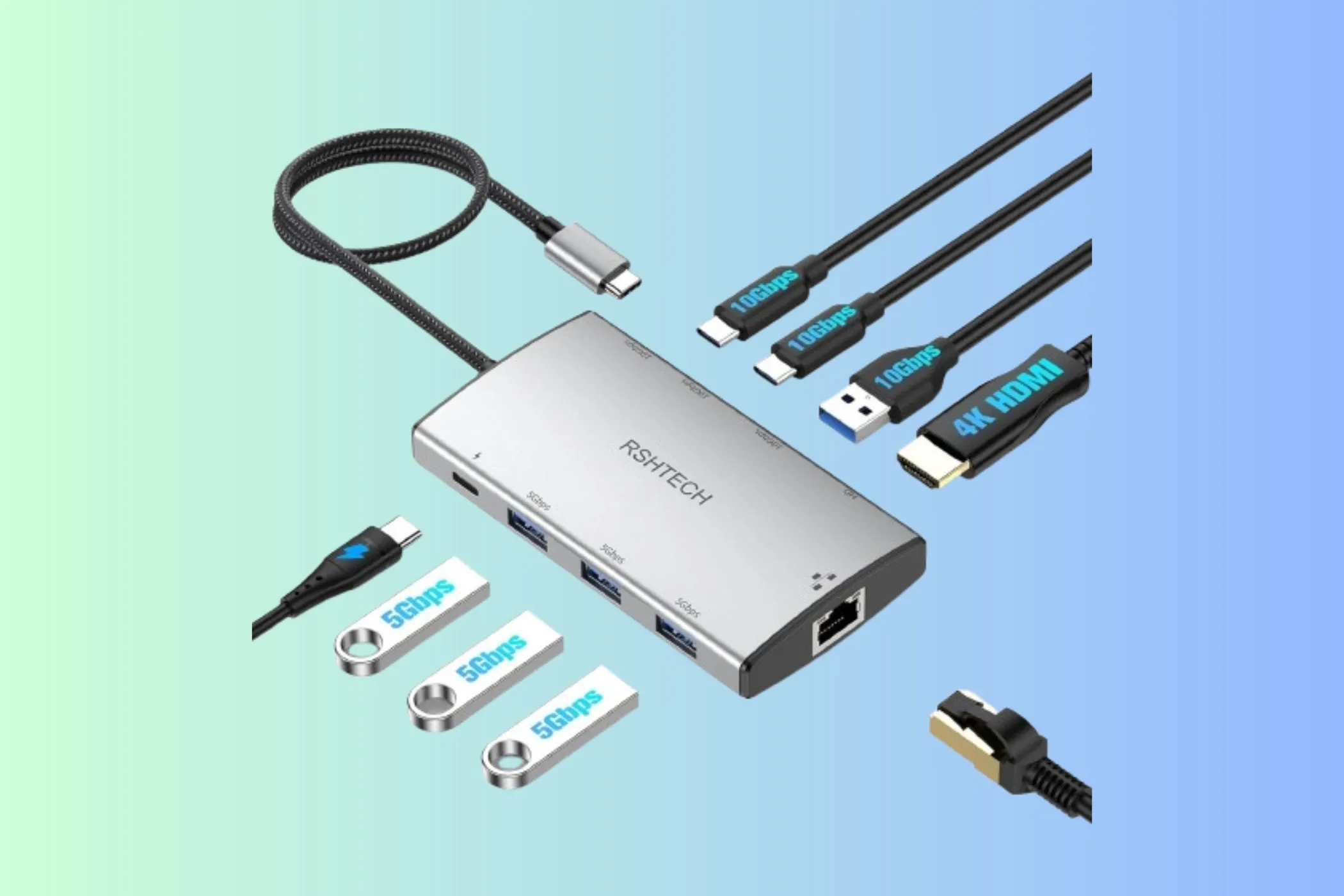 グラデーションの背景に RSHTECH 9-in-1 USB-C ハブ