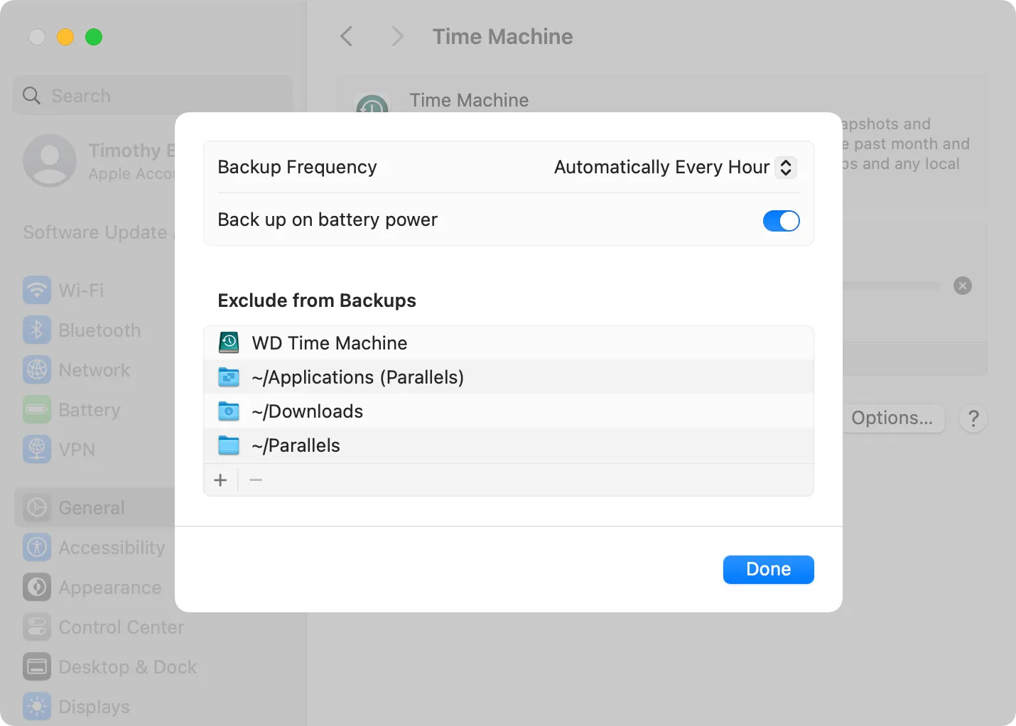 Impostazioni delle opzioni di Time Machine di macOS