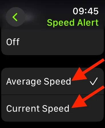 Vyberte aktuální nebo průměrnou rychlost pro upozornění na Apple Watch