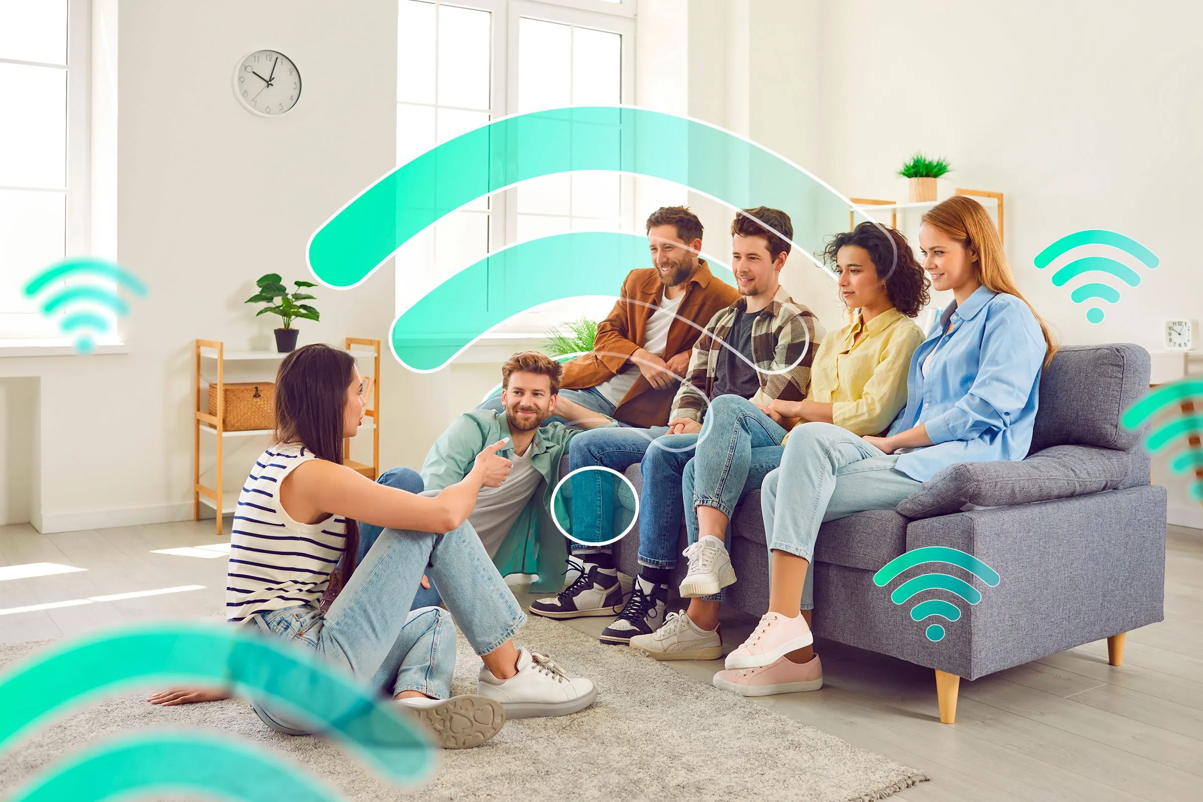 Reunión social con varios símbolos wifi que indican conectividad