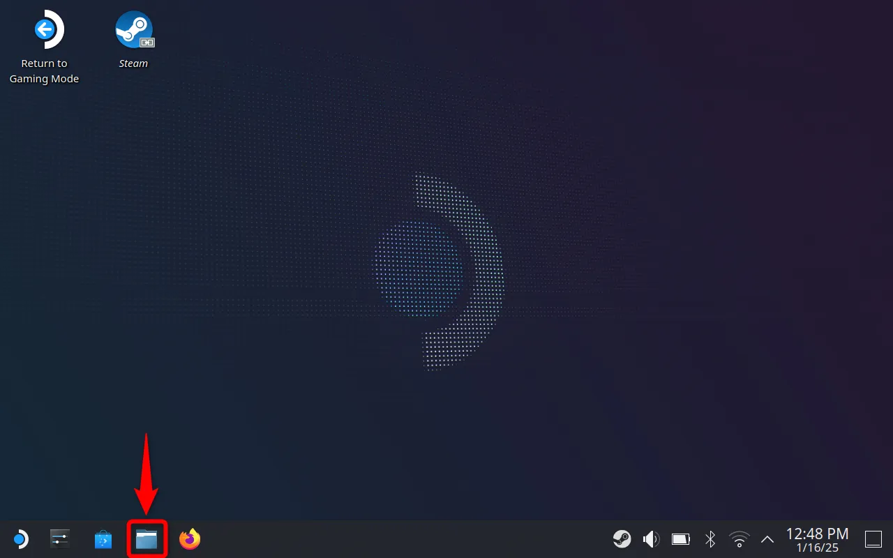 Steam Deck skrivebordsmodus med File Manager uthevet.