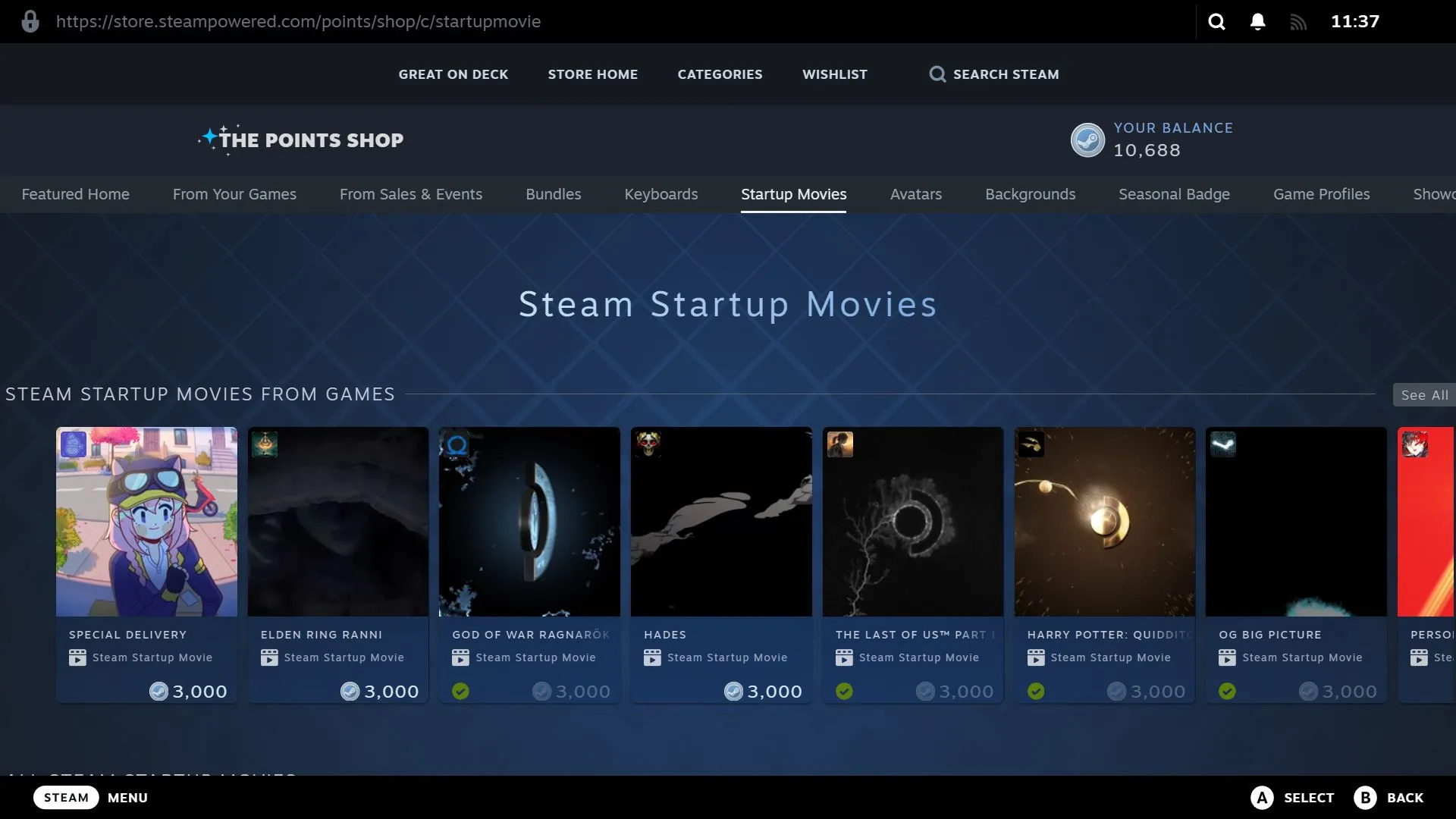 Steam oppstartsfilmer i Points Shop.