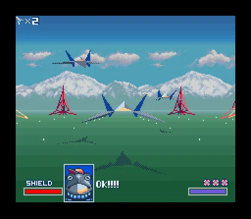 Captura de pantalla de Starfox, la primera misión que muestra los gráficos impulsados ​​por el chip Super FX.